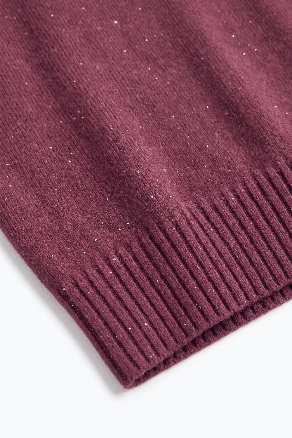 Burgundy Embellished Sequin Soft Knit Ribbed Turtleneck Long Sleeve Sweater - Jumpers