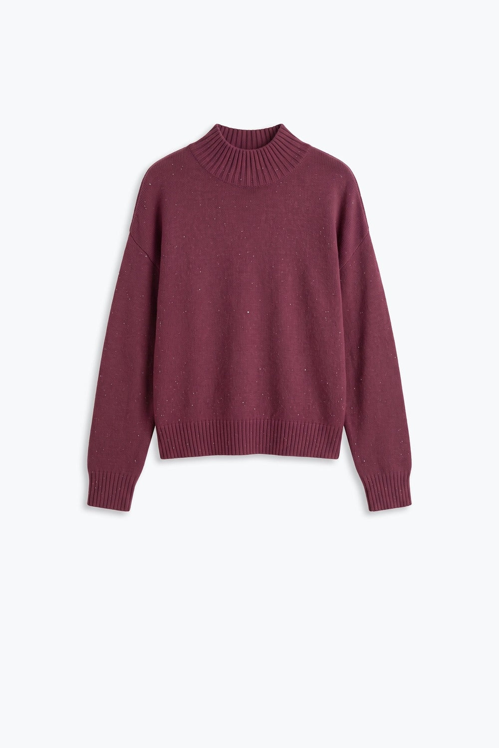 Burgundy Embellished Sequin Fine Knit Ribbed Mock Neck Sweater - Jumpers