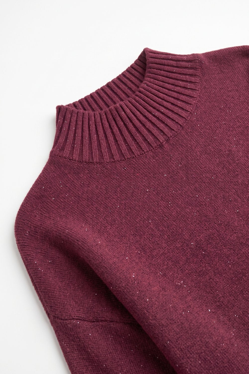 Burgundy Embellished Sequin Fine Knit Ribbed Mock Neck Sweater - Jumpers