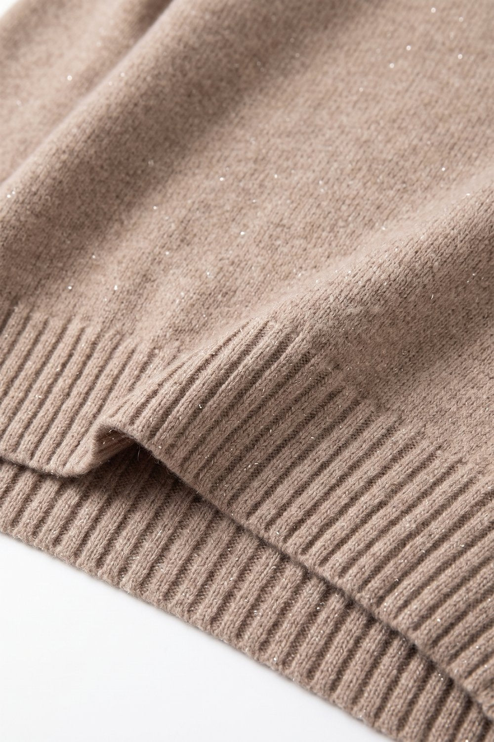 Camel Embellished Sequin Soft Knit Ribbed Trim Mock Neck Sweater - Jumpers
