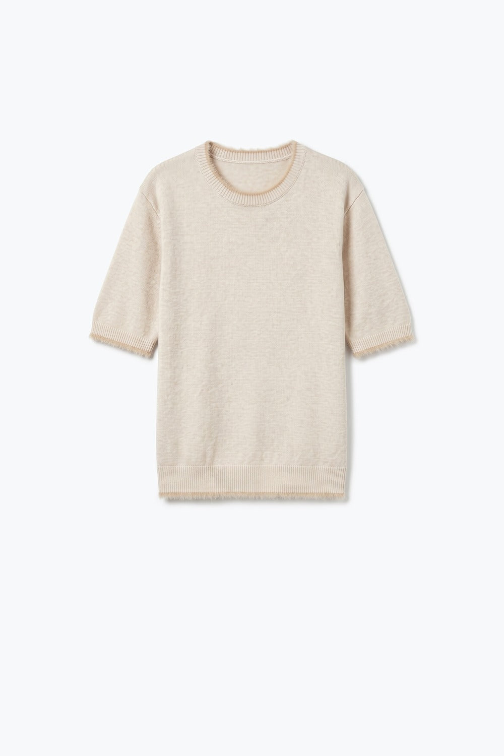 Beige Short Sleeve Crew Neck Sweater with Faux Fur Trim - Tops