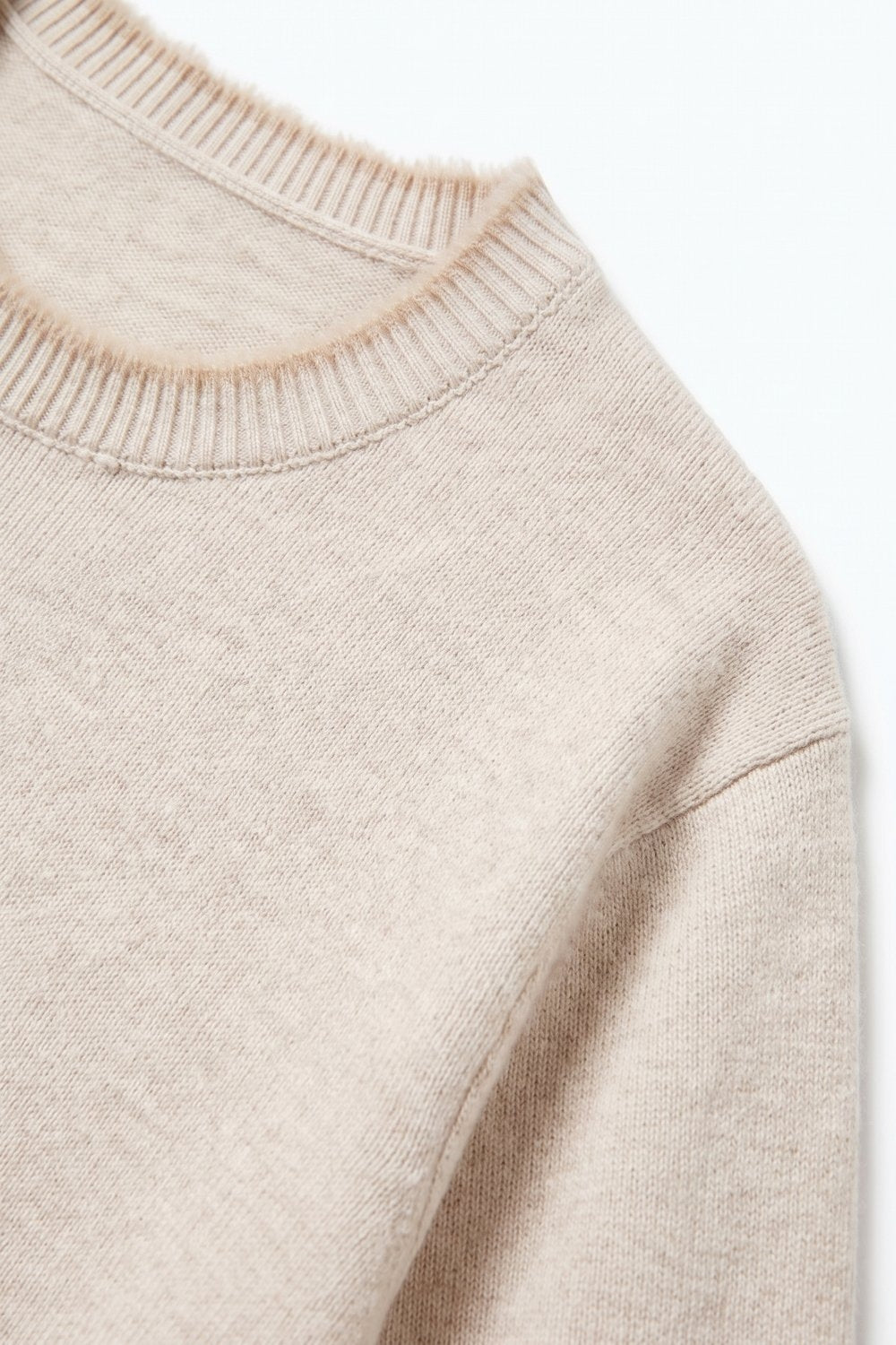 Beige Short Sleeve Crew Neck Sweater with Faux Fur Trim - Tops