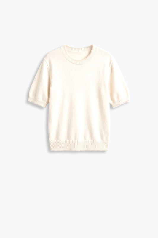cream Short Sleeve Crew Neck Sweater with Faux Fur Trim - Tops