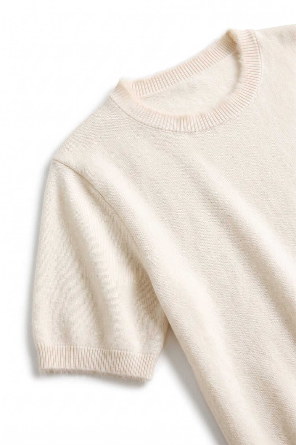 cream Short Sleeve Crew Neck Sweater with Faux Fur Trim - Tops
