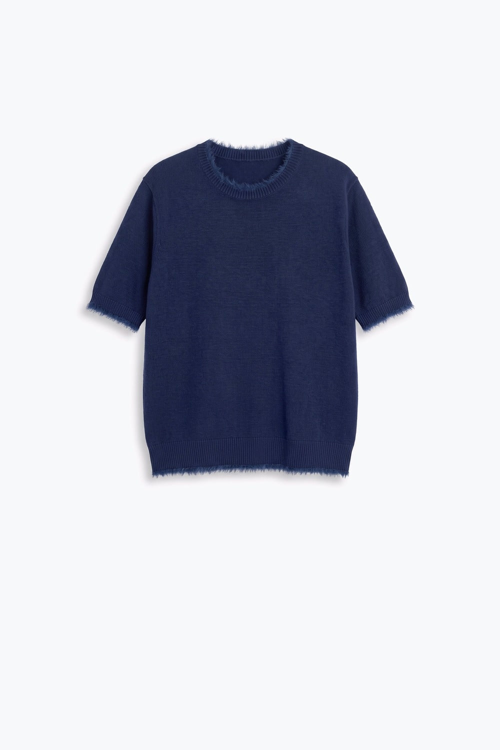 Navy Short Sleeve Crew Neck Sweater with Faux Fur Trim - Tops