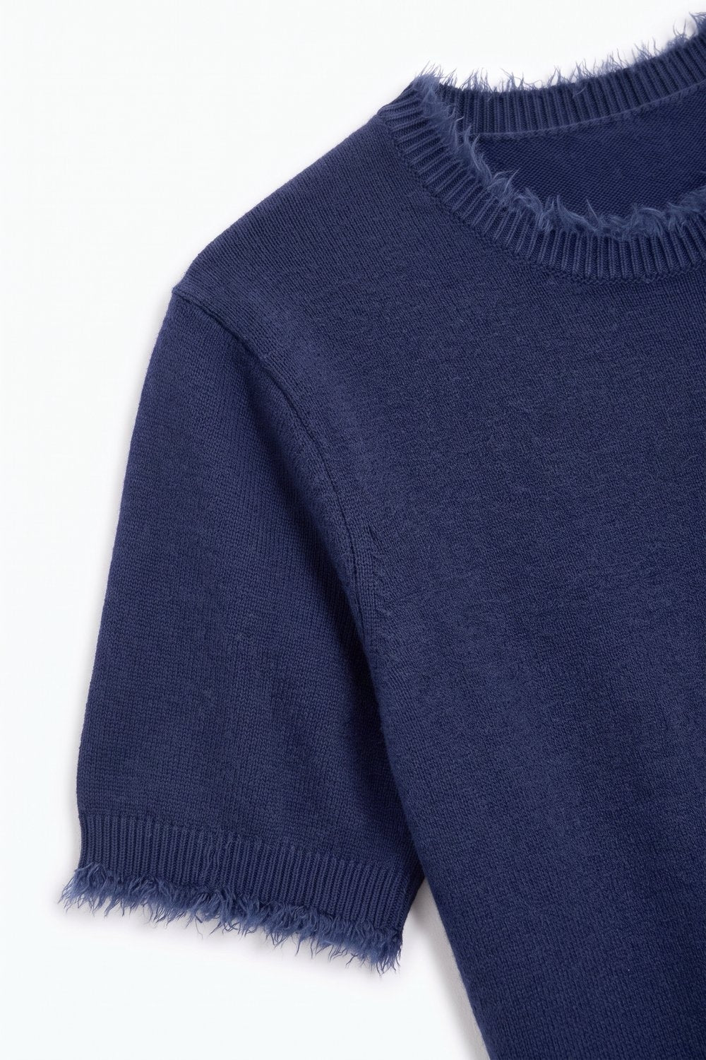 Navy Short Sleeve Crew Neck Sweater with Faux Fur Trim - Tops