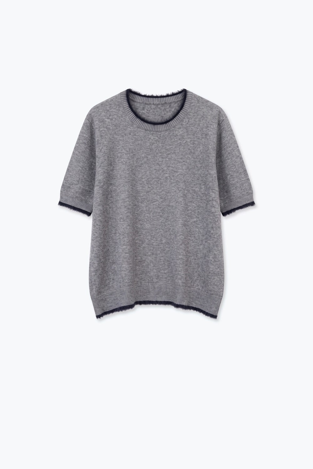 Gray Short Sleeve Crew Neck Sweater with Faux Fur Trim - Tops