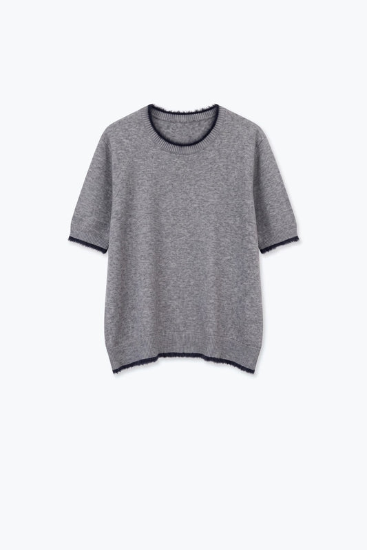 Gray Short Sleeve Crew Neck Sweater with Faux Fur Trim - Tops