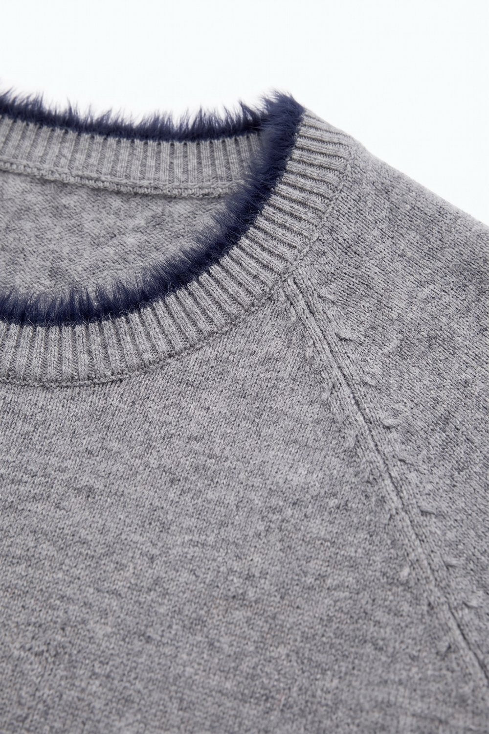 Gray Short Sleeve Crew Neck Sweater with Faux Fur Trim - Tops