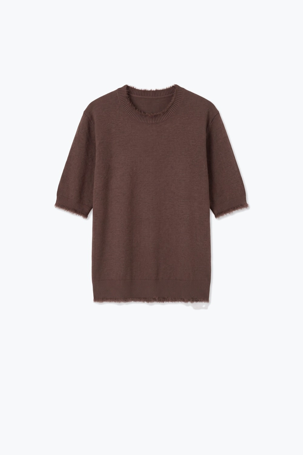 Brown Short Sleeve Crew Neck Sweater with Faux Fur Trim - Tops