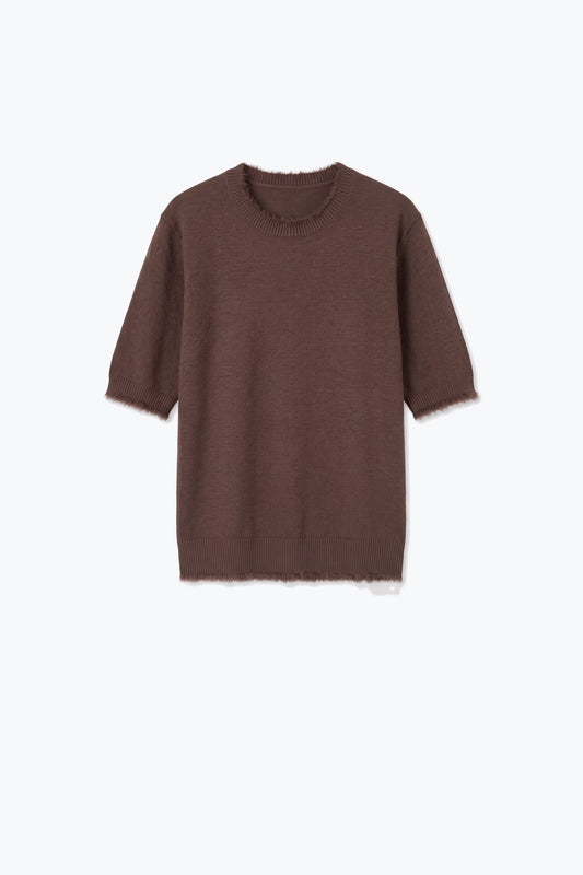 Brown Short Sleeve Crew Neck Sweater with Faux Fur Trim - Tops