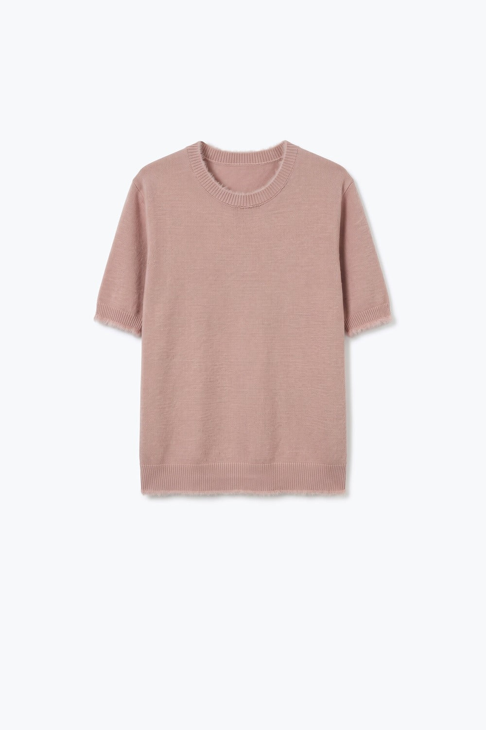 Dusty Pink Short Sleeve Crew Neck Sweater with Faux Fur Trim - Tops