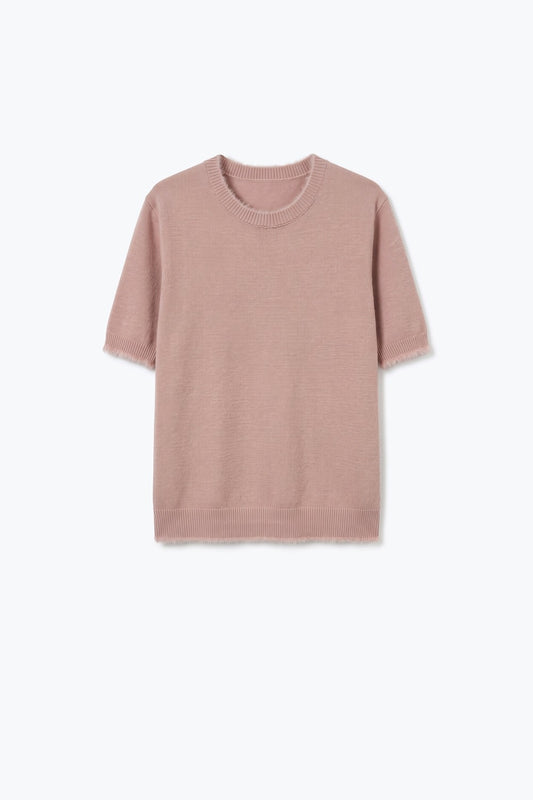 Dusty Pink Short Sleeve Crew Neck Sweater with Faux Fur Trim - Tops