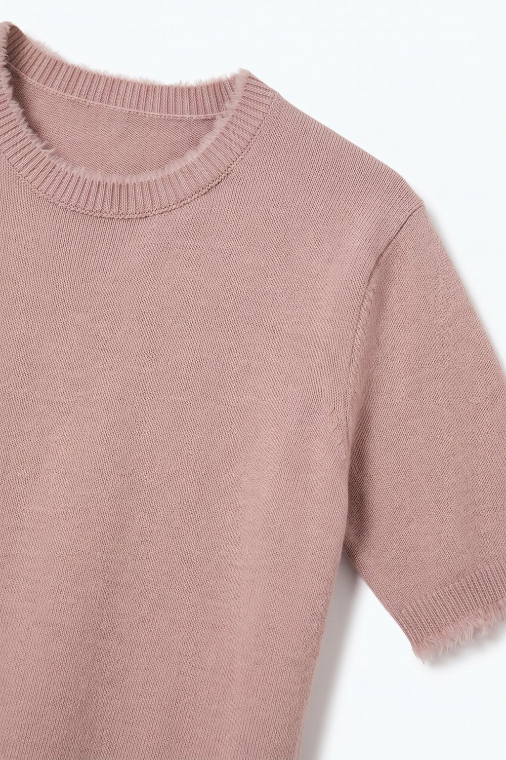 Dusty Pink Short Sleeve Crew Neck Sweater with Faux Fur Trim - Tops