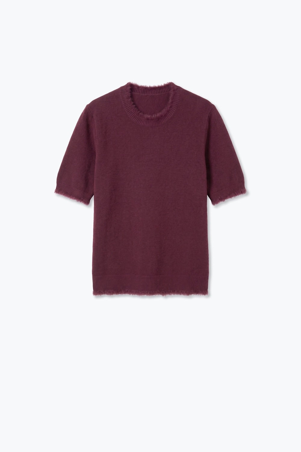 Purple Short Sleeve Crew Neck Sweater with Faux Fur Trim - Tops