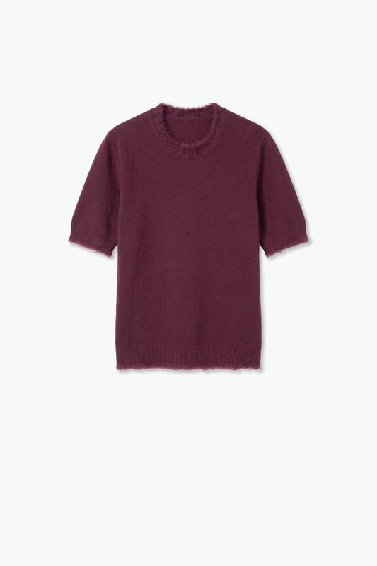 Purple Short Sleeve Crew Neck Sweater with Faux Fur Trim - Tops