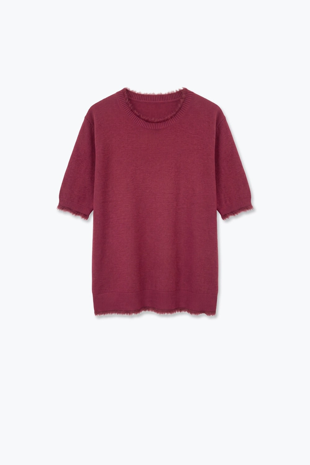 Burgundy Short Sleeve Crew Neck Sweater with Faux Fur Trim - Tops