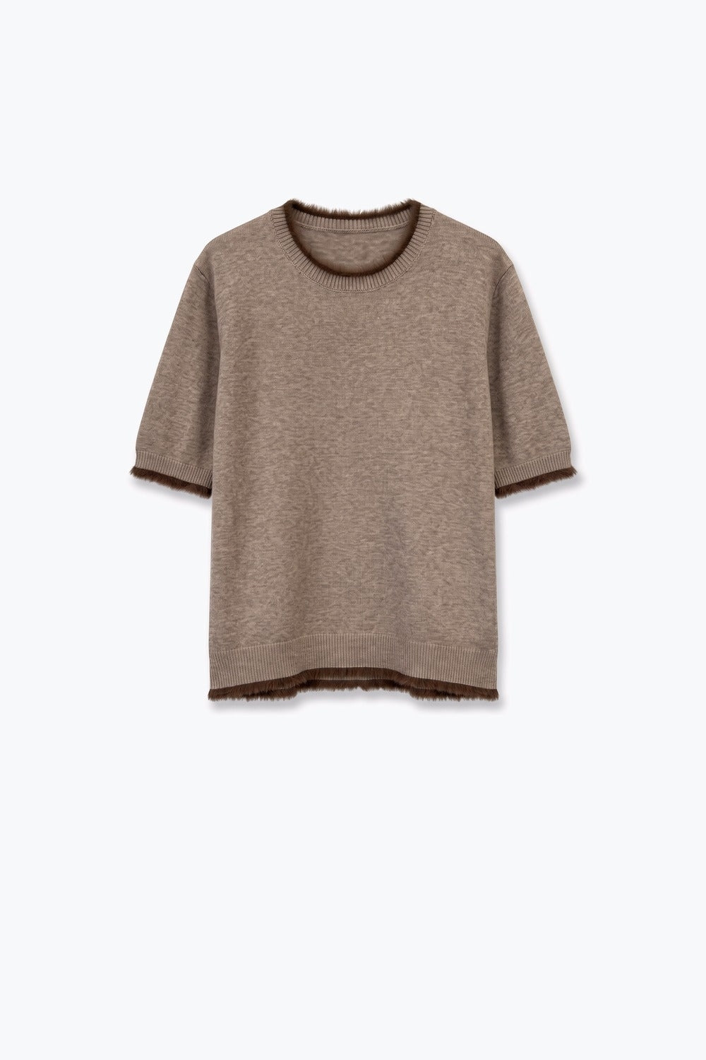Camel Short Sleeve Crew Neck Sweater with Faux Fur Trim - Tops