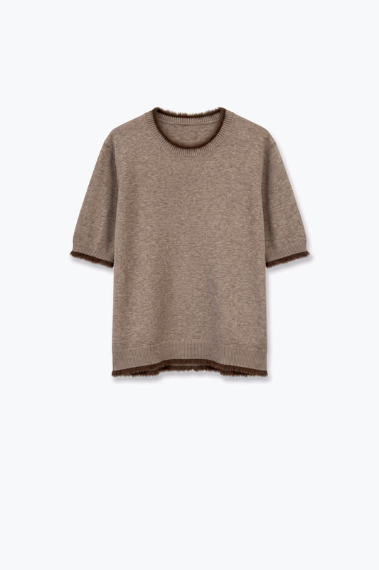 Camel Short Sleeve Crew Neck Sweater with Faux Fur Trim - Tops