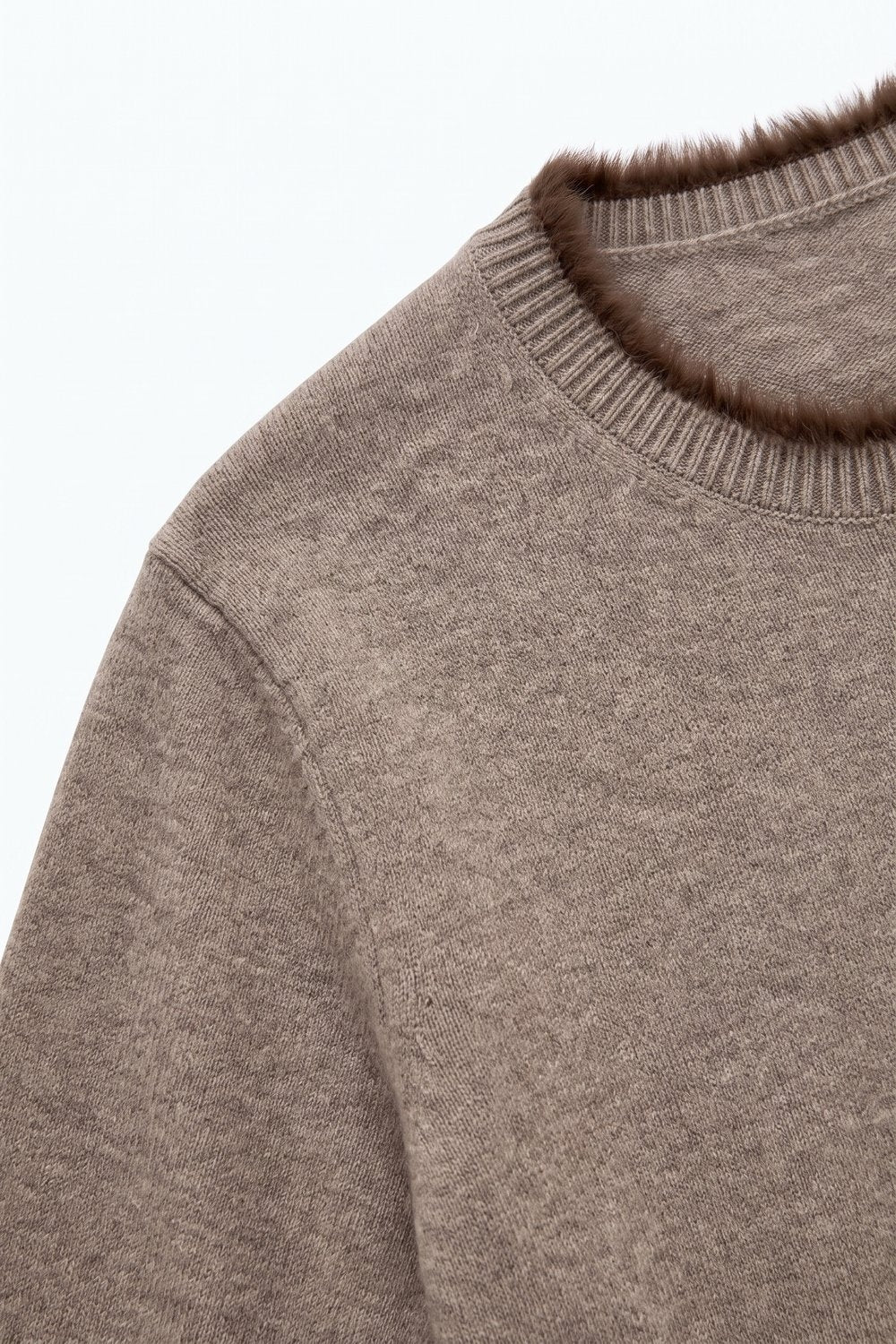 Camel Short Sleeve Crew Neck Sweater with Faux Fur Trim - Tops