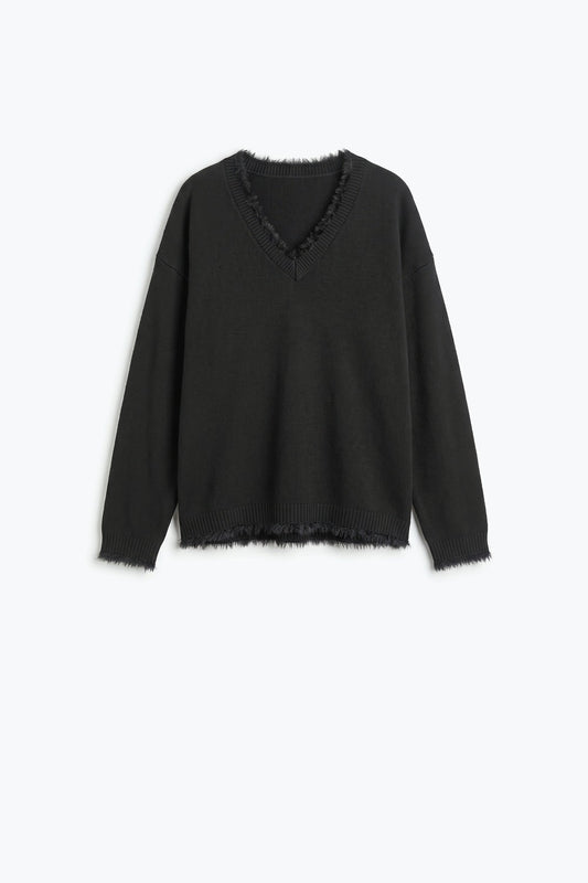 Black V-Neck Sweater with Faux Fur Trim - Jumpers