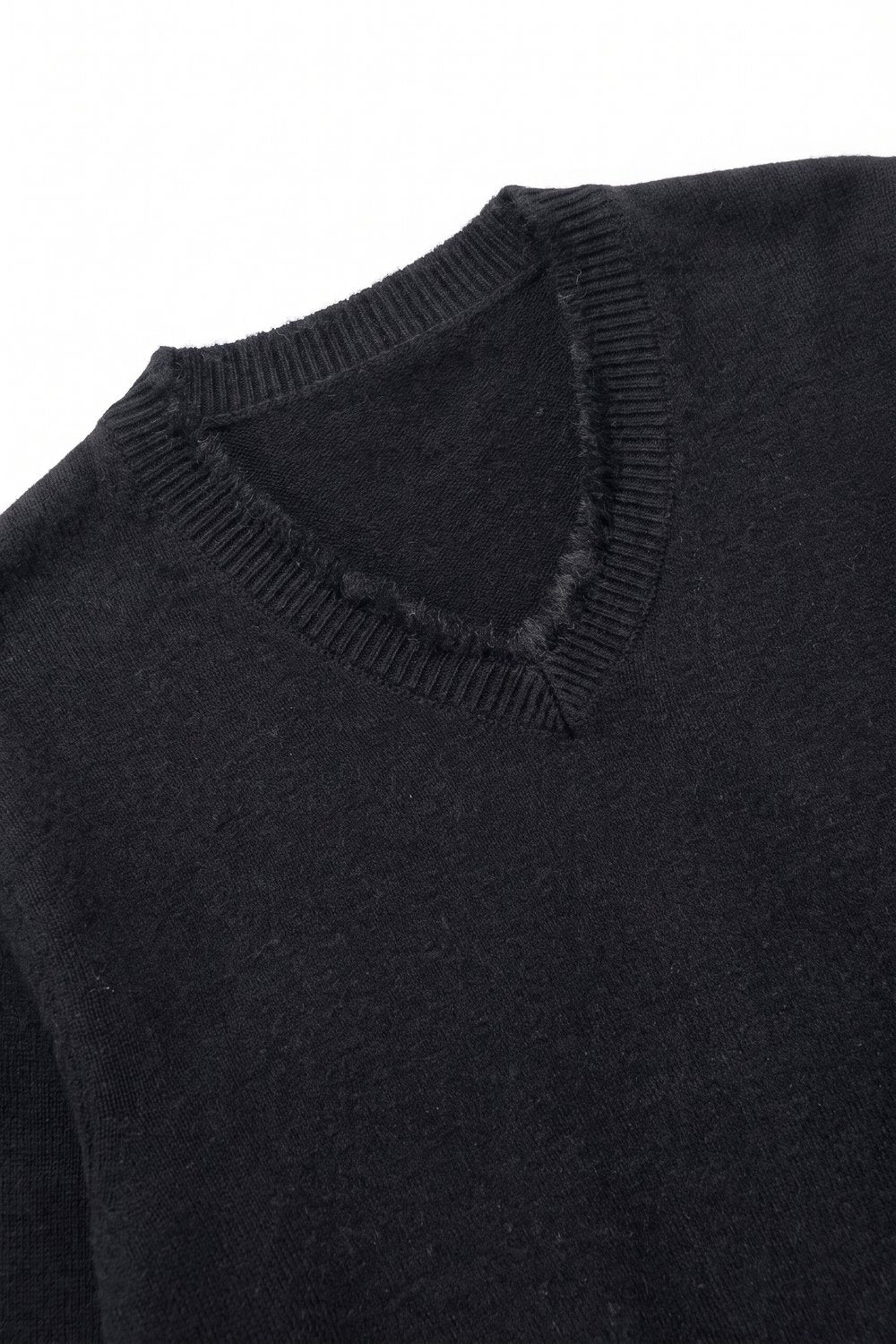 Black V-Neck Sweater with Faux Fur Trim - Jumpers