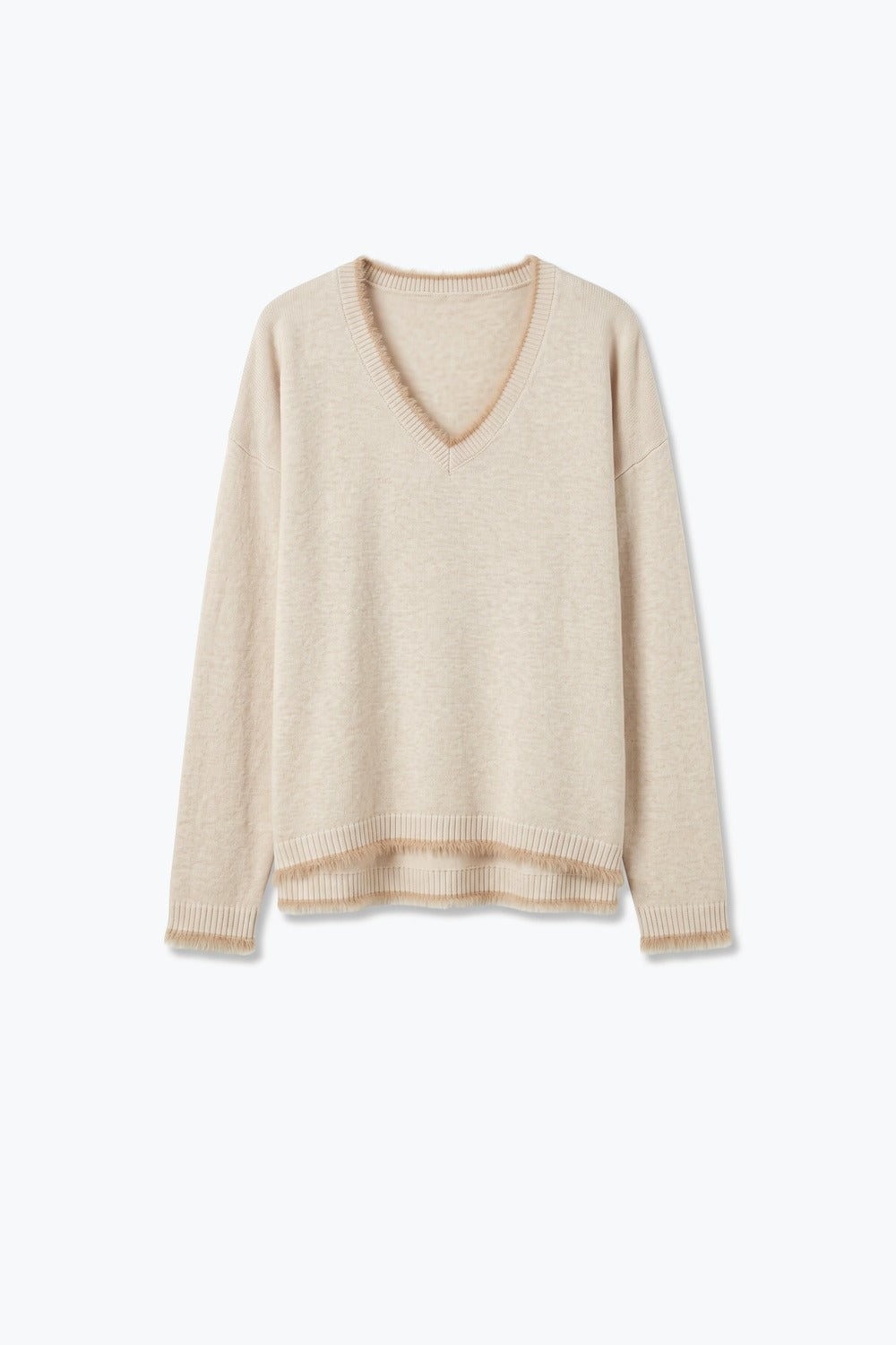 Beige V-Neck Sweater with Faux Fur Trim - Jumpers