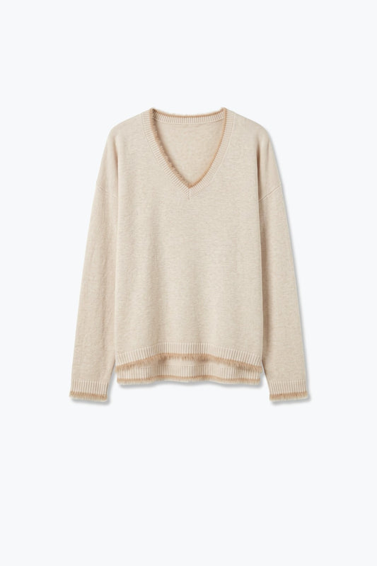 Beige V-Neck Sweater with Faux Fur Trim - Jumpers
