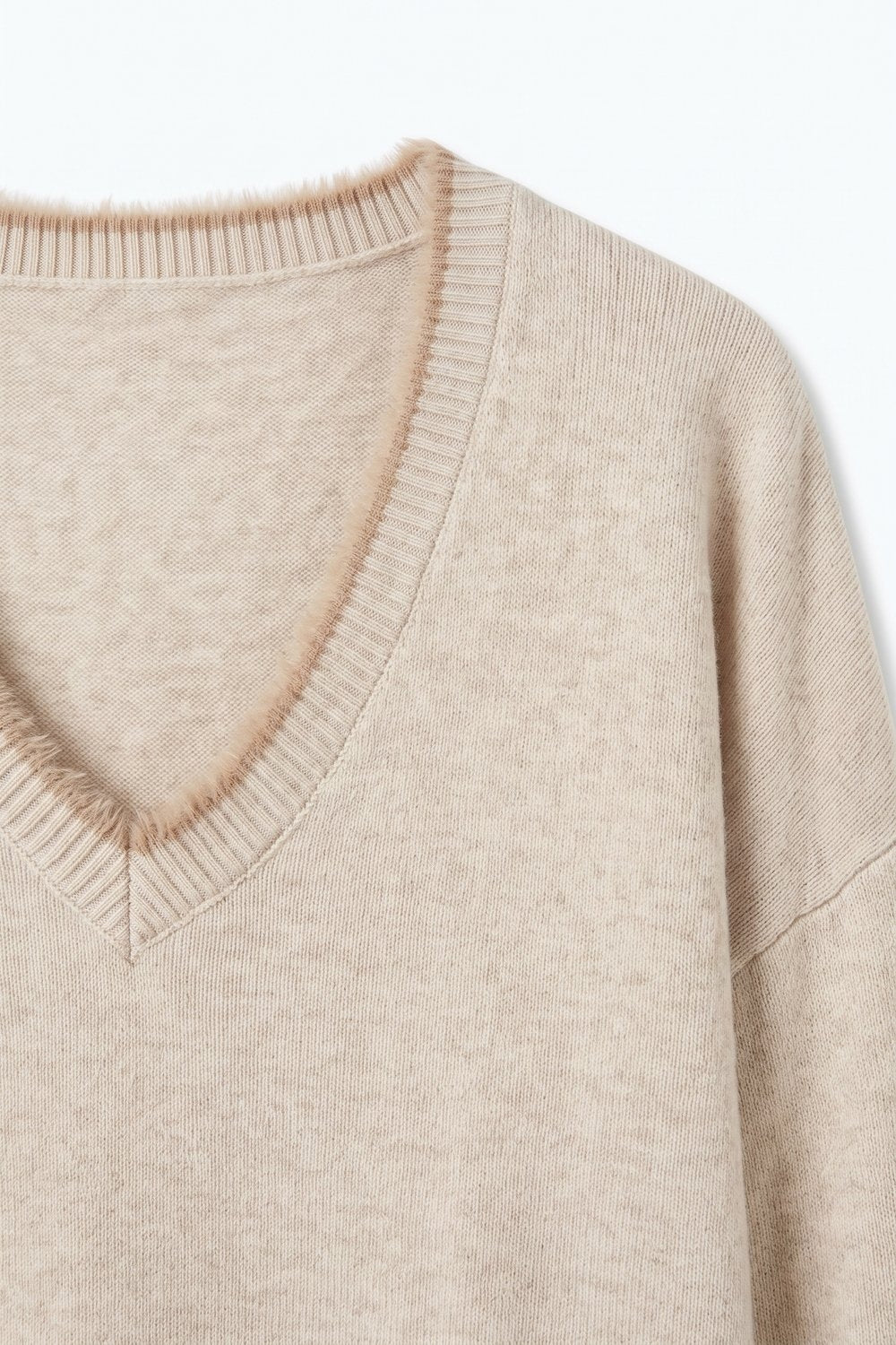Beige V-Neck Sweater with Faux Fur Trim - Jumpers