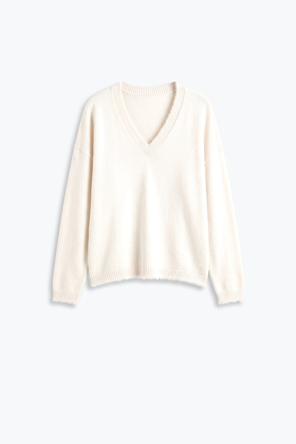 Cream V-Neck Sweater with Faux Fur Trim - Jumpers