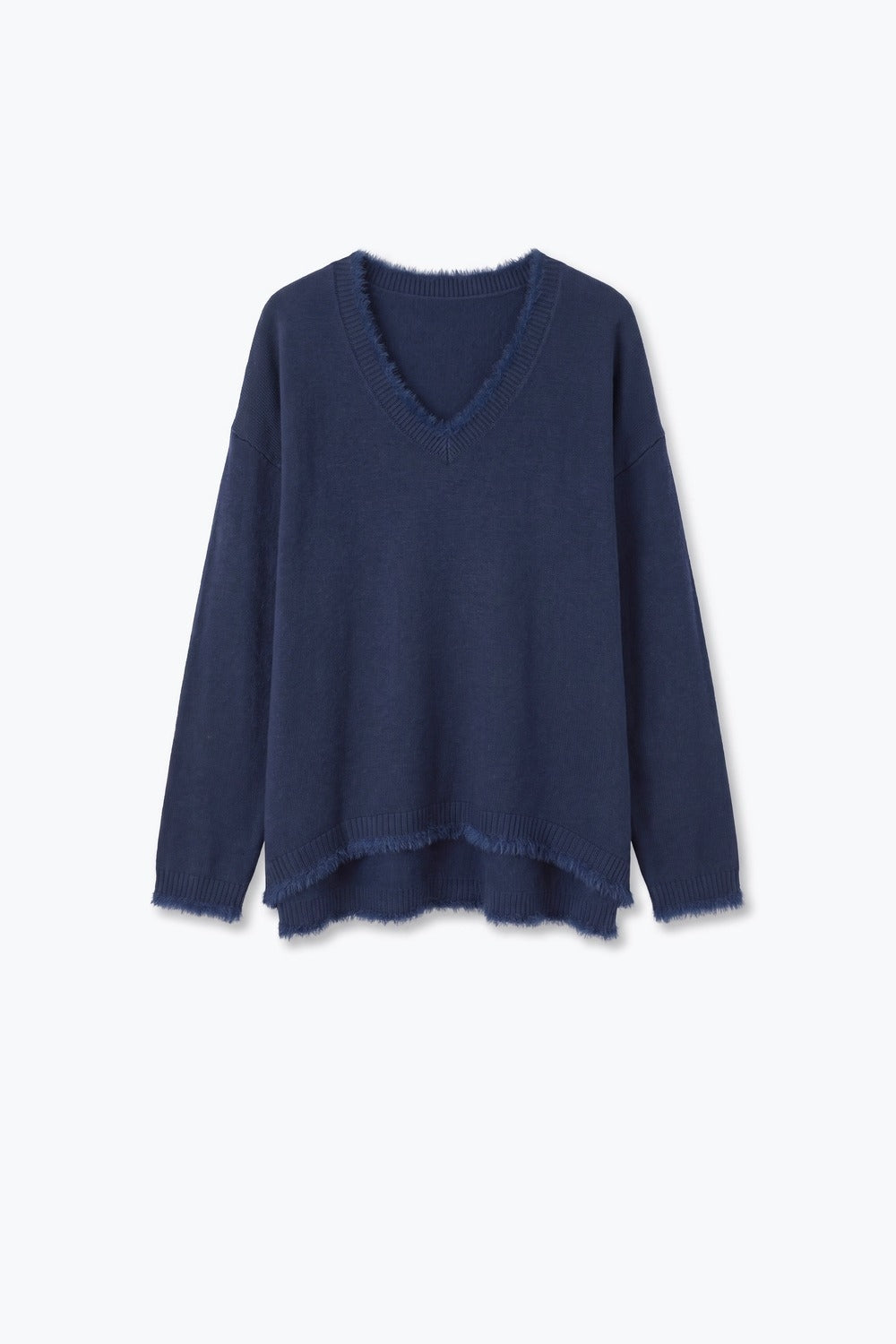 Navy V-Neck Sweater with Faux Fur Trim - Jumpers