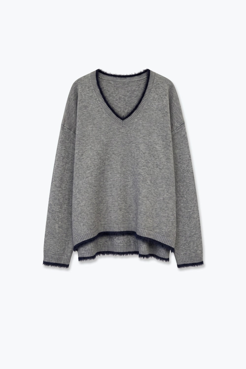 Gray V-Neck Sweater with Faux Fur Trim - Jumpers