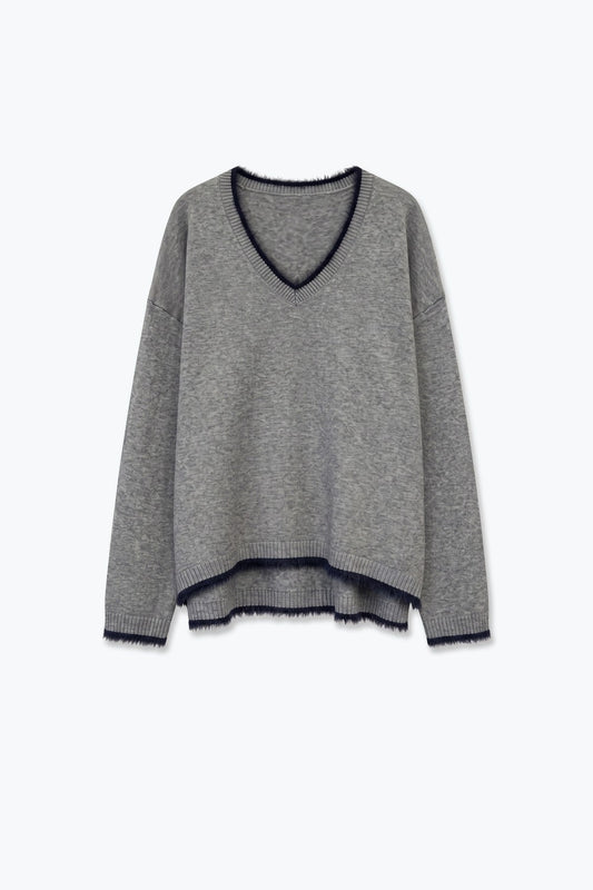 Gray V-Neck Sweater with Faux Fur Trim - Jumpers