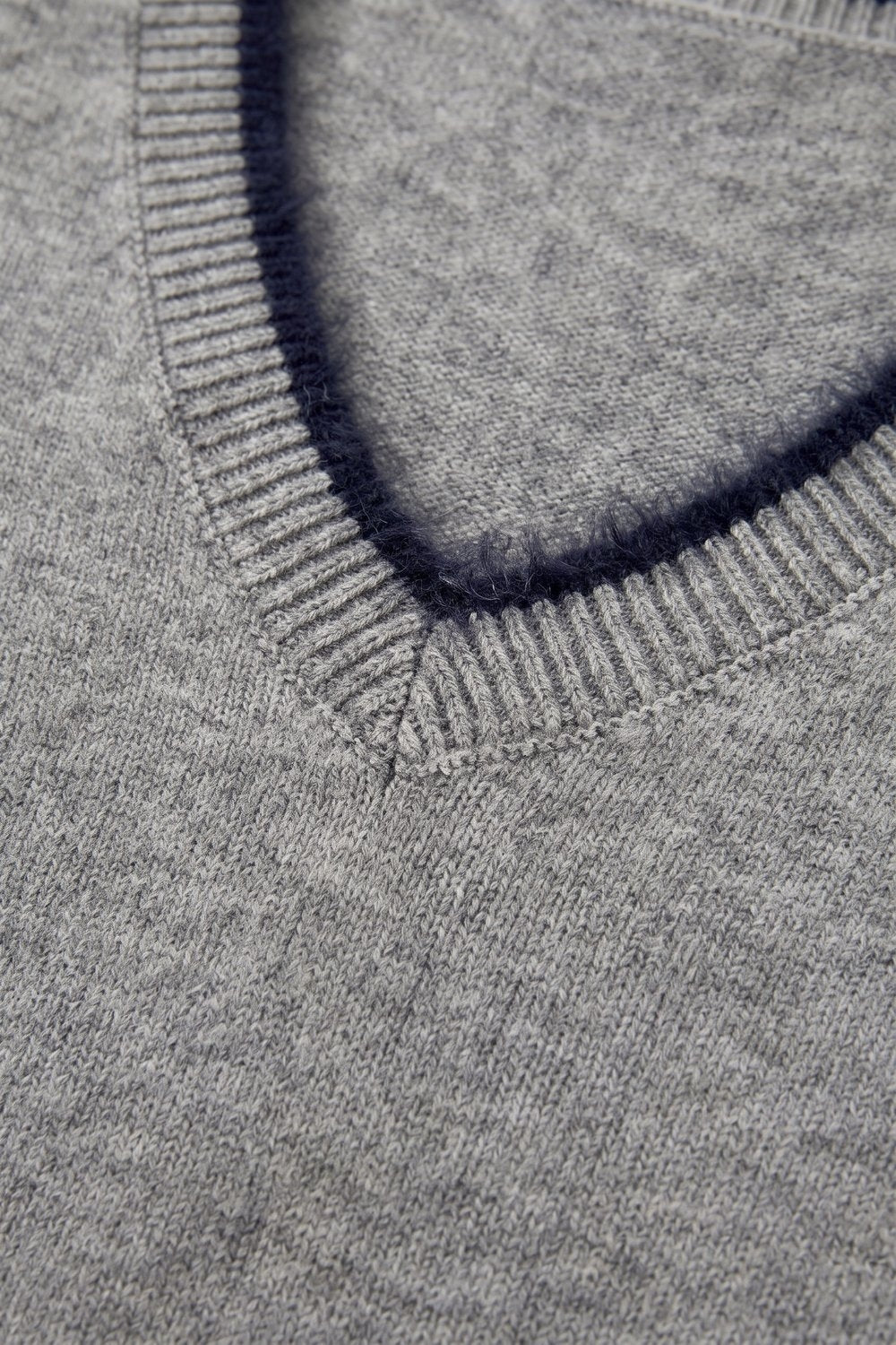 Gray V-Neck Sweater with Faux Fur Trim - Jumpers