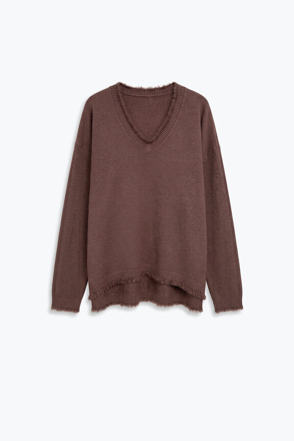 Brown V-Neck Sweater with Faux Fur Trim - Jumpers