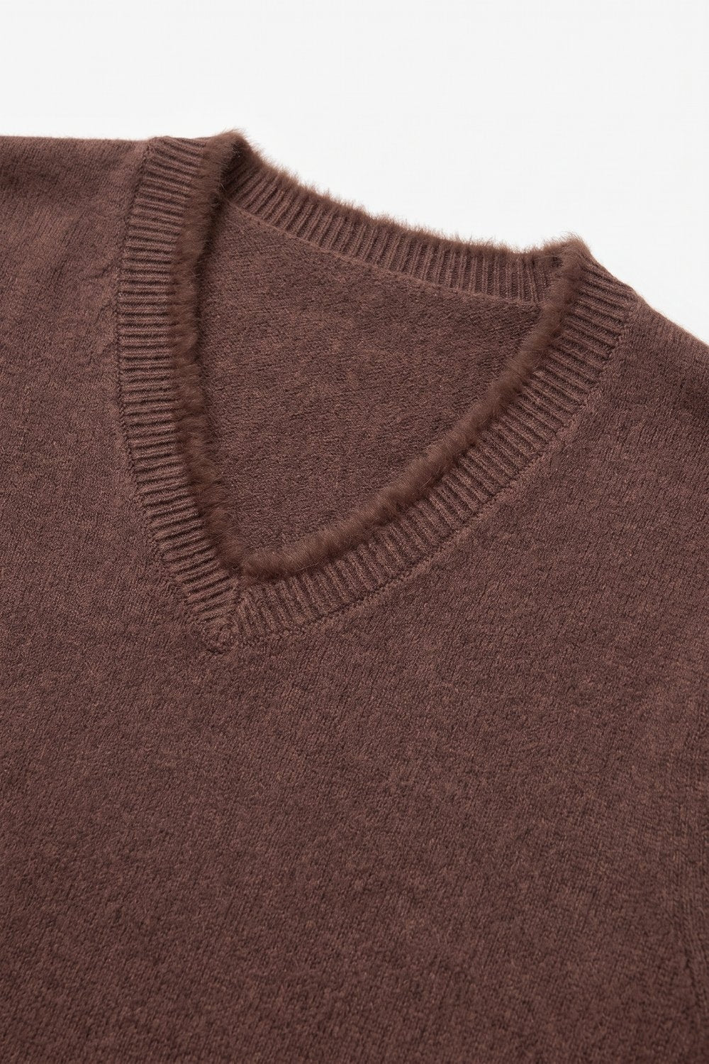 Brown V-Neck Sweater with Faux Fur Trim - Jumpers