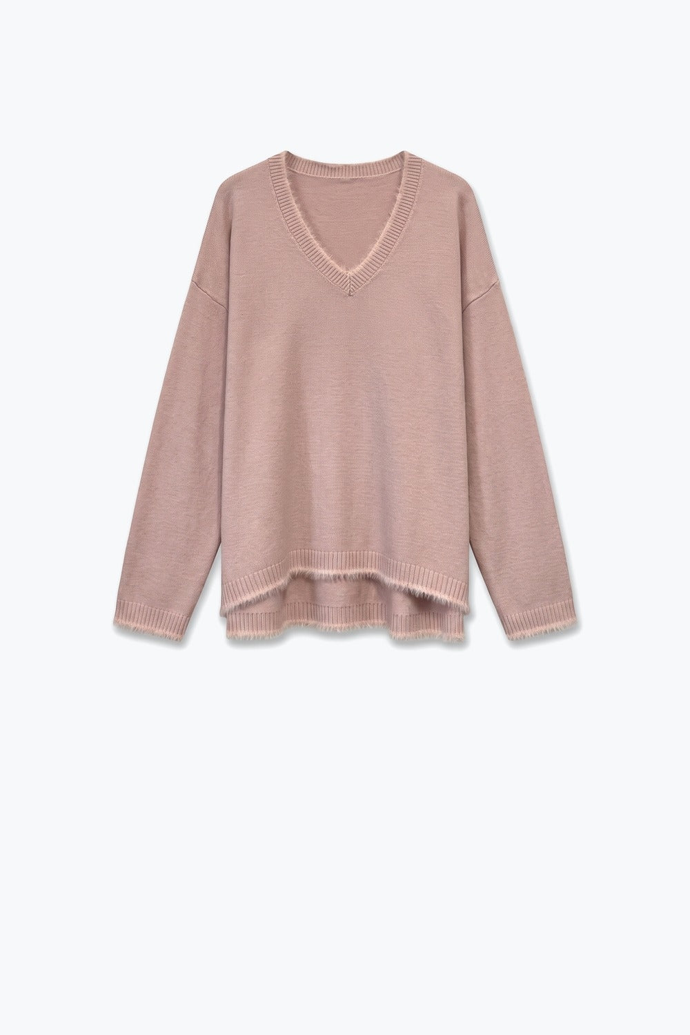 dusty pink V-Neck Sweater with Faux Fur Trim - Jumpers