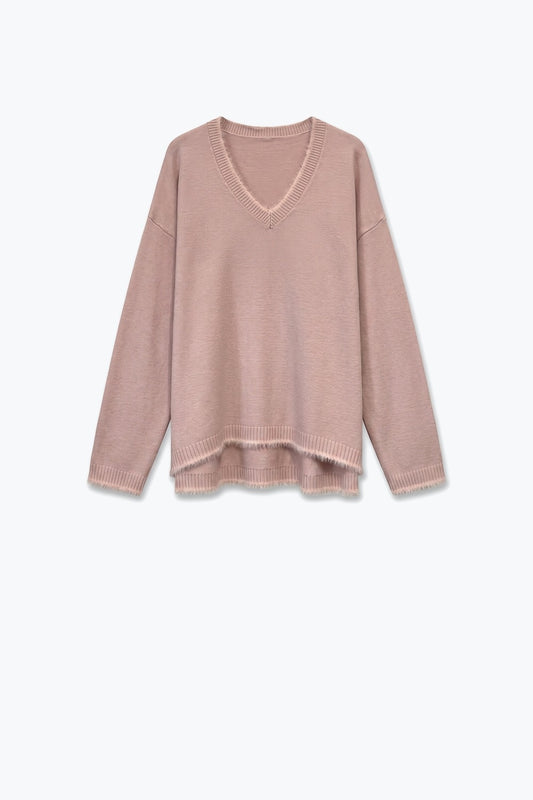 dusty pink V-Neck Sweater with Faux Fur Trim - Jumpers