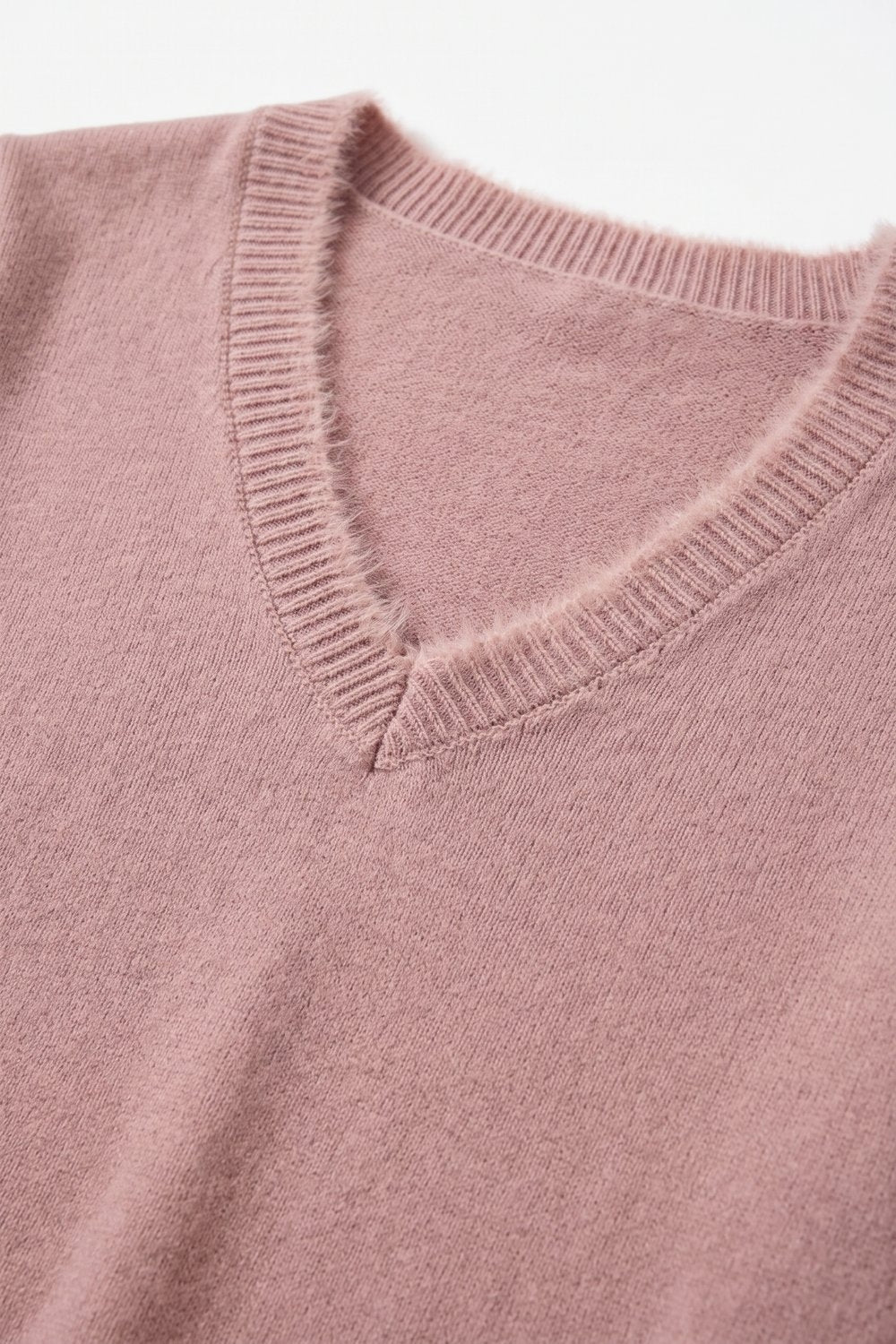dusty pink V-Neck Sweater with Faux Fur Trim - Jumpers