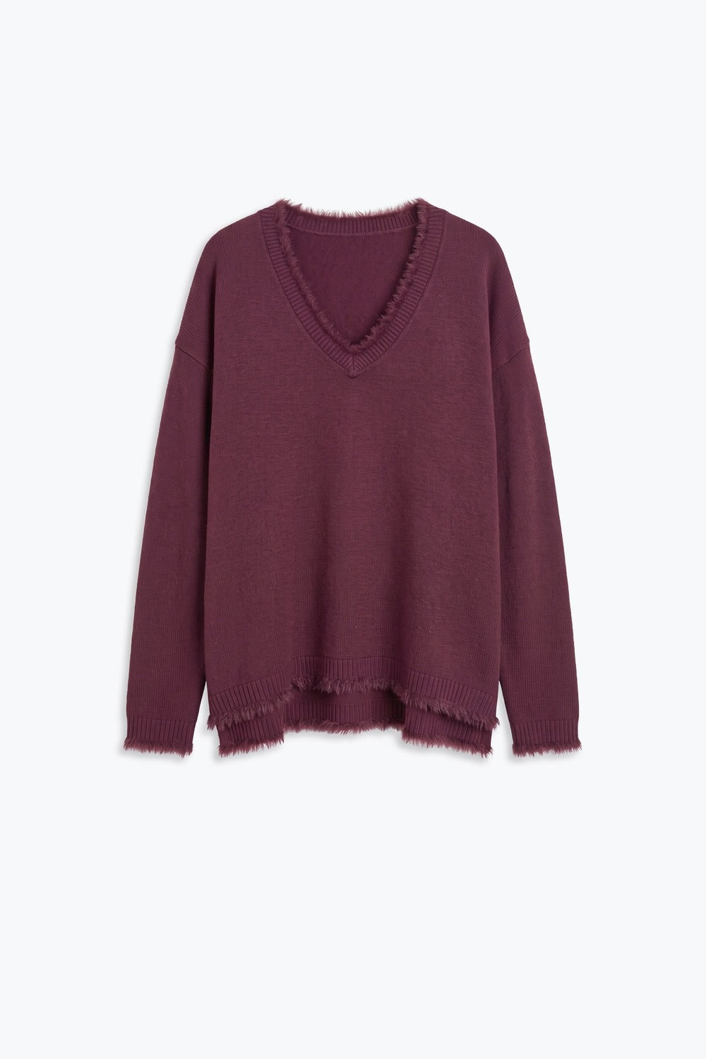 Purple V-Neck Sweater with Faux Fur Trim - Jumpers