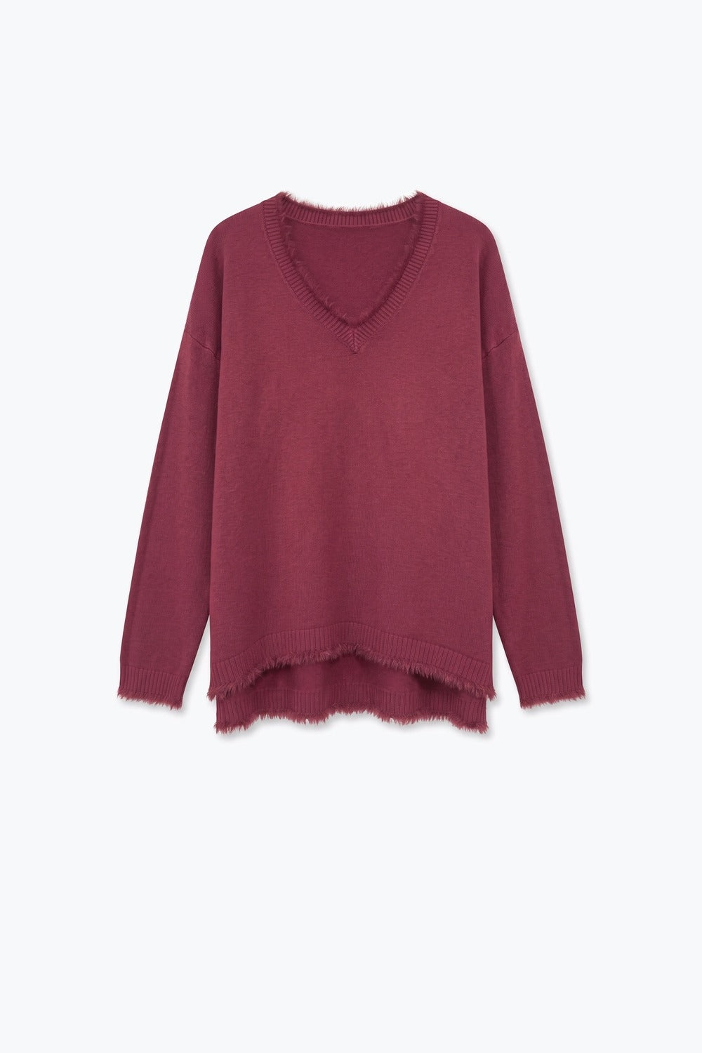 Burgundy V-Neck Sweater with Faux Fur Trim - Jumpers