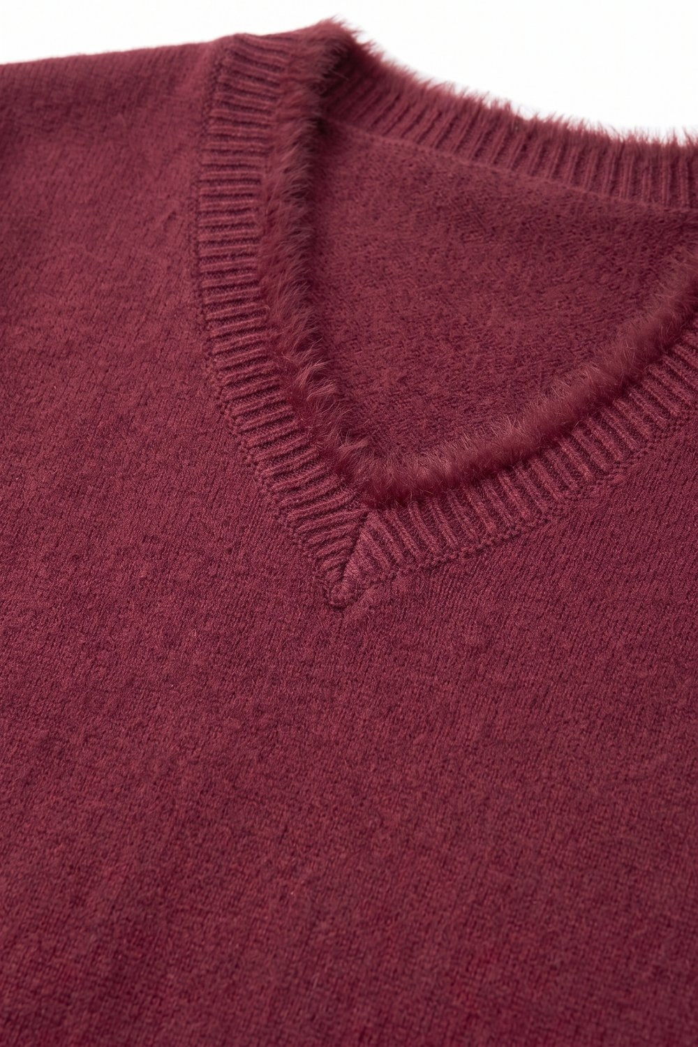 Burgundy V-Neck Sweater with Faux Fur Trim - Jumpers