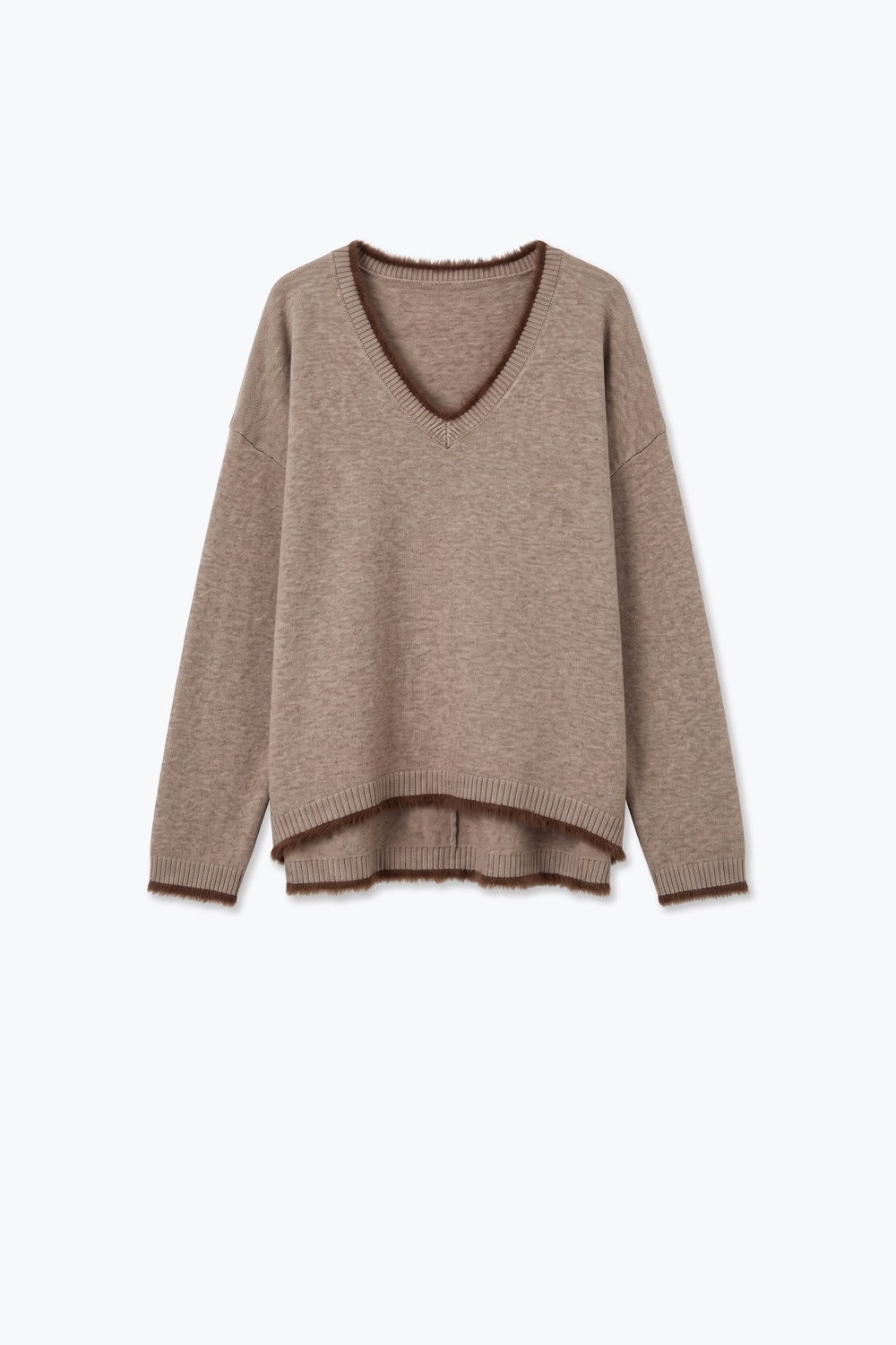 Camel V-Neck Sweater with Faux Fur Trim - Jumpers