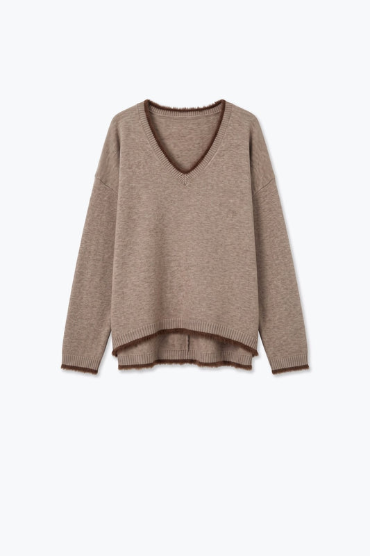 Camel V-Neck Sweater with Faux Fur Trim - Jumpers
