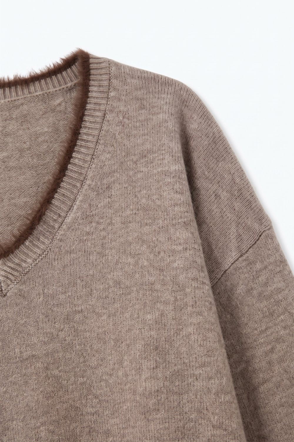 Camel V-Neck Sweater with Faux Fur Trim - Jumpers