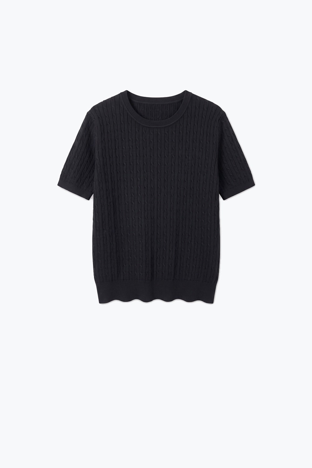 Black Cable Knit Crew Neck Short Sleeve Sweater - Tops
