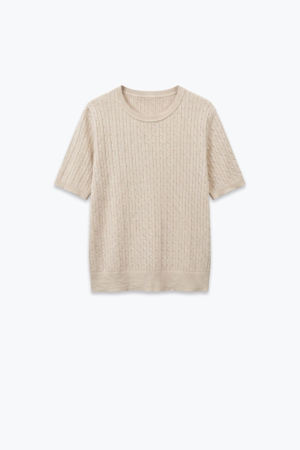 Beige Cable Knit Crew Neck Short Sleeve Sweater - Tops