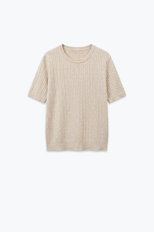 Beige Cable Knit Crew Neck Short Sleeve Sweater - Tops