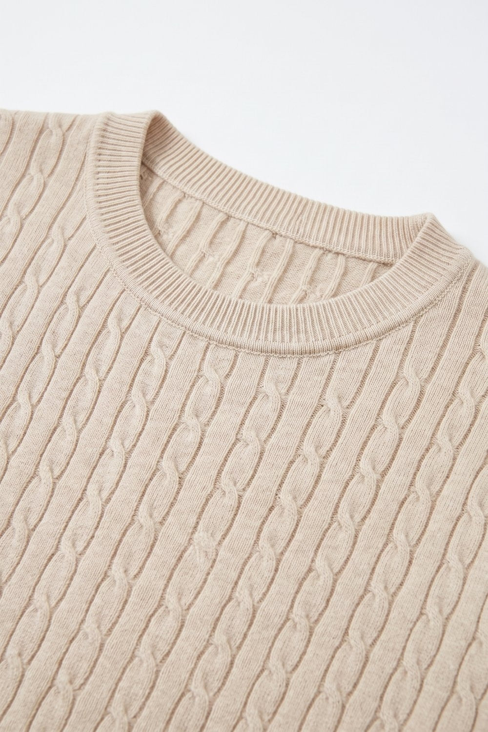 Beige Cable Knit Crew Neck Short Sleeve Sweater - Tops
