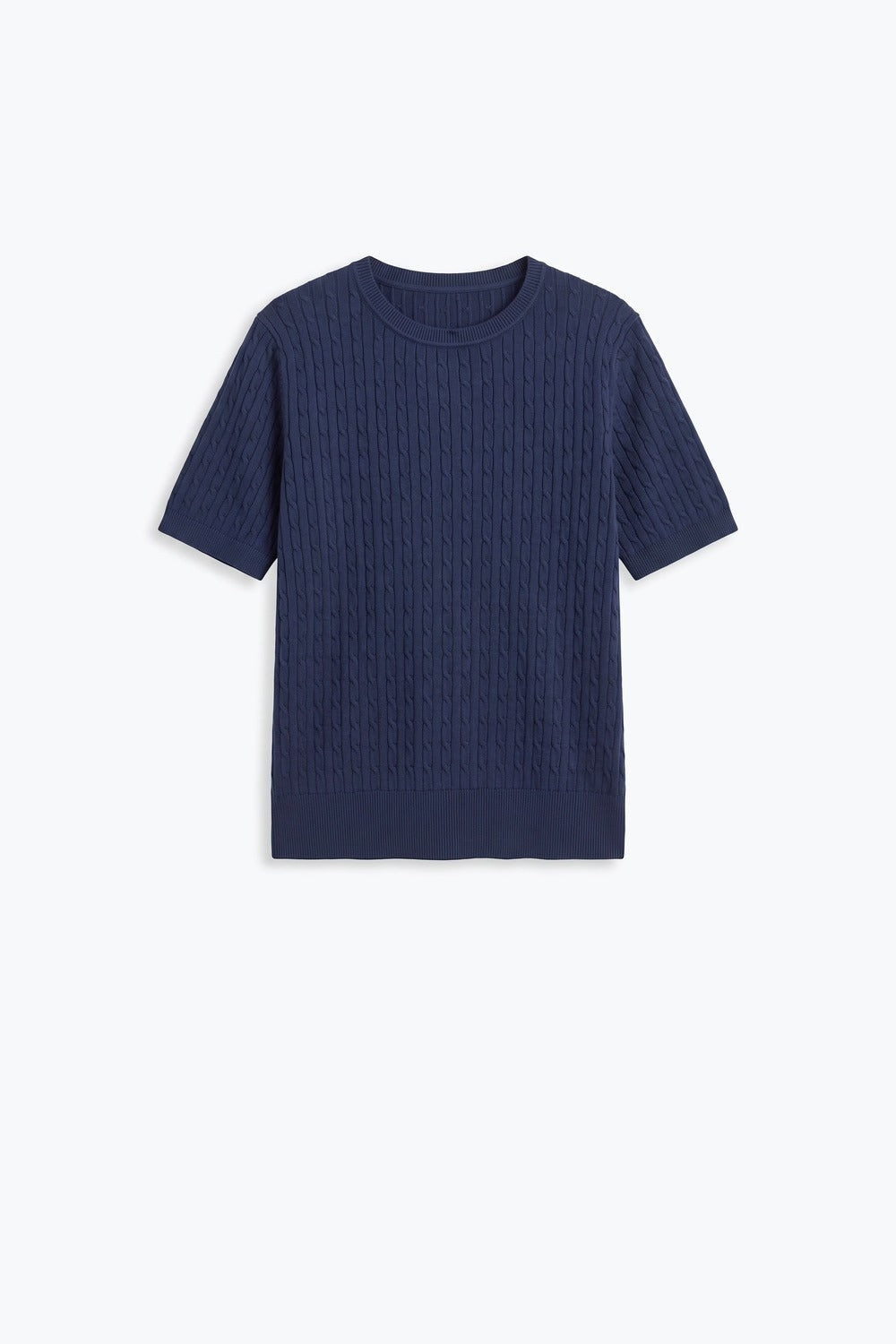 Navy Cable Knit Crew Neck Short Sleeve Sweater - Tops